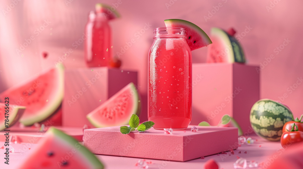 Watermelon juice in glass and bottle on geometric podiums, Isolated on pastel background Watermelon juice in glass and bottle on geometric podiums, Isolated on pastel background