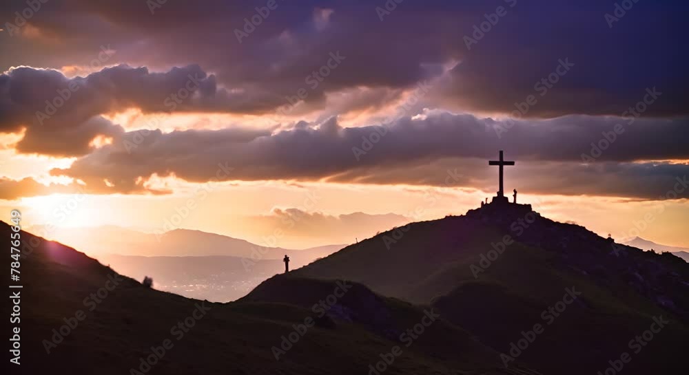 Holy Saturday scene with a cross atop a mountain silhouetted against the evening sky evoking reflection and anticipation Holy Saturday scene with a cross atop a mountain silhouetted against the evening sky evoking reflection and anticipation