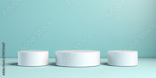 Abstract white background with three cylinder pedestal podiums for product presentation on cyan background, mockup 3d rendering illustration