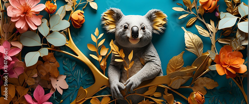A charming koala snuggled amongst luscious golden leaves and flowers, creating a serene and whimsical image photo