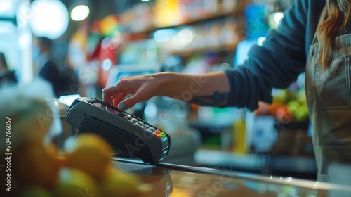 Close-up of a cashier processing a transaction using a wireless card payment terminal © Катерина Спіжевска