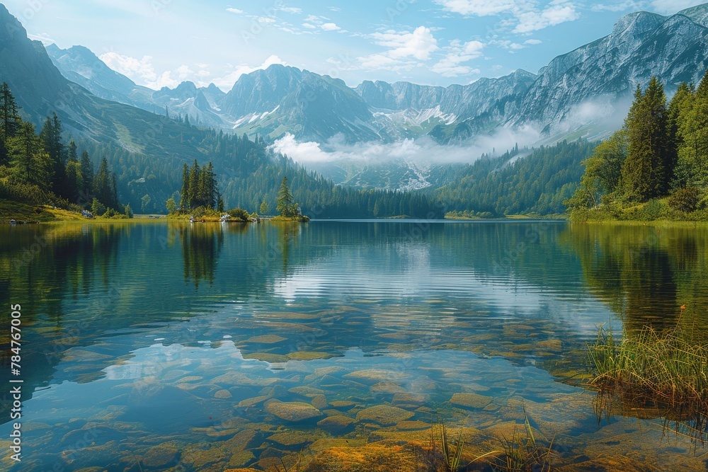 A tranquil scene of a beautiful mountain lake with crystal-clear waters reflecting the surrounding forest and peaks