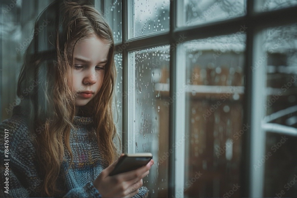 Stunning photos of an upset, sad 14 year old girl standing by the window with a phone in high resolution. Stunning photos of an upset, sad 14 year old girl standing by the window with a phone in high resolution.
