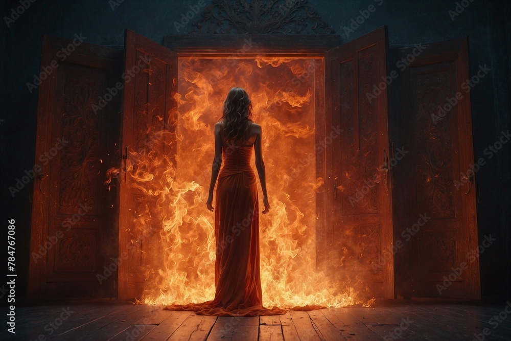 A woman in a red dress stands in front of a burning door
