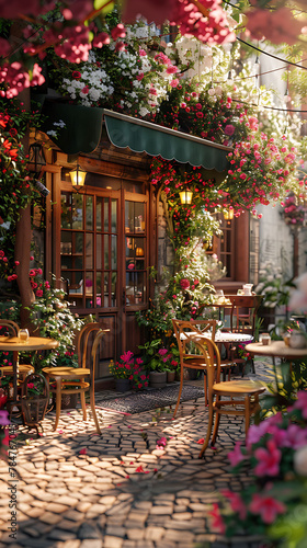 studio shot of A cafe with a garden patio surrounded by blooming flowers, realistic travel photography, copy space for writing