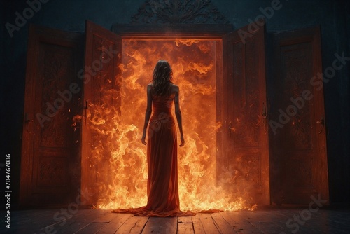 A woman in a red dress stands in front of a burning door