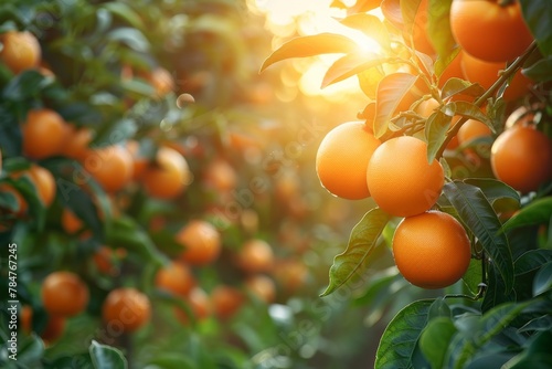 A vibrant and detailed image capturing the beauty of ripe oranges basking in the sunlight amidst lush green leaves