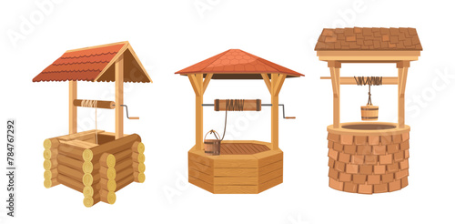 Wooden water wells with protective cover, bucket on rope and crank set on white background