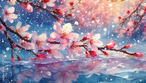 美しい桜の花びらが氷の中で幻想的に輝いている、背景に心地よい風が吹き抜ける。