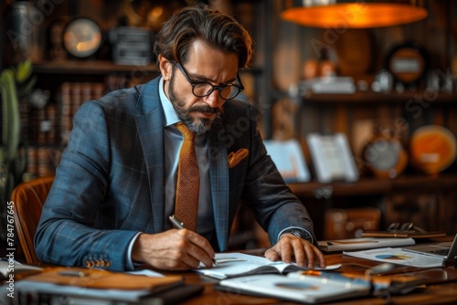 Detailed image showing a businessman in a suit signing papers at his wooden desk