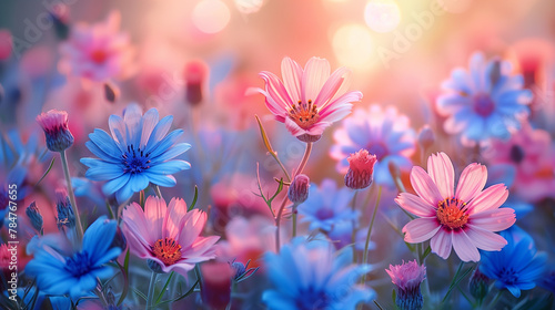 Flowers field in sunlight, spring or summer meadow grass landscape background. Chamomile, cornflower and daisy flowers field in sun light, closeup macro wildflowers lawn in sunrise or sunset sky