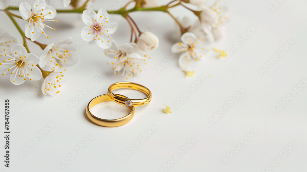 Elegant Gold Wedding Rings Amidst Cherry Blossoms on a White Backdrop Elegant Gold Wedding Rings Amidst Cherry Blossoms on a White Backdrop