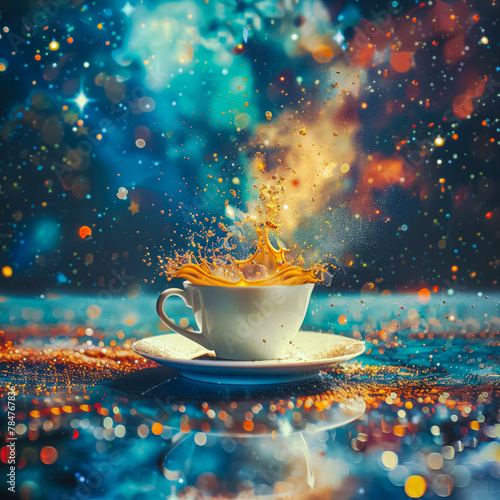 A white cup of coffee is floating in space with a lot of stars around it