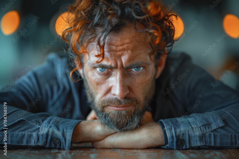A moody shot of a man deep in thought, resting his head on his arms on a table A moody shot of a man deep in thought, resting his head on his arms on a table