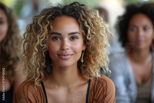 This image captures a cheerful young woman with curly hair and a bright smile, embodying a vibrant, friendly vibe