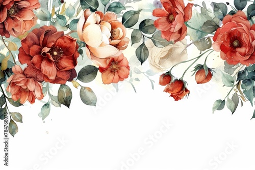Vibrant watercolor painting of blooming flowers with rich foliage...