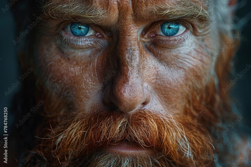 Intense close-up of a man with deep blue eyes and a red beard, showing the detail of his weathered features