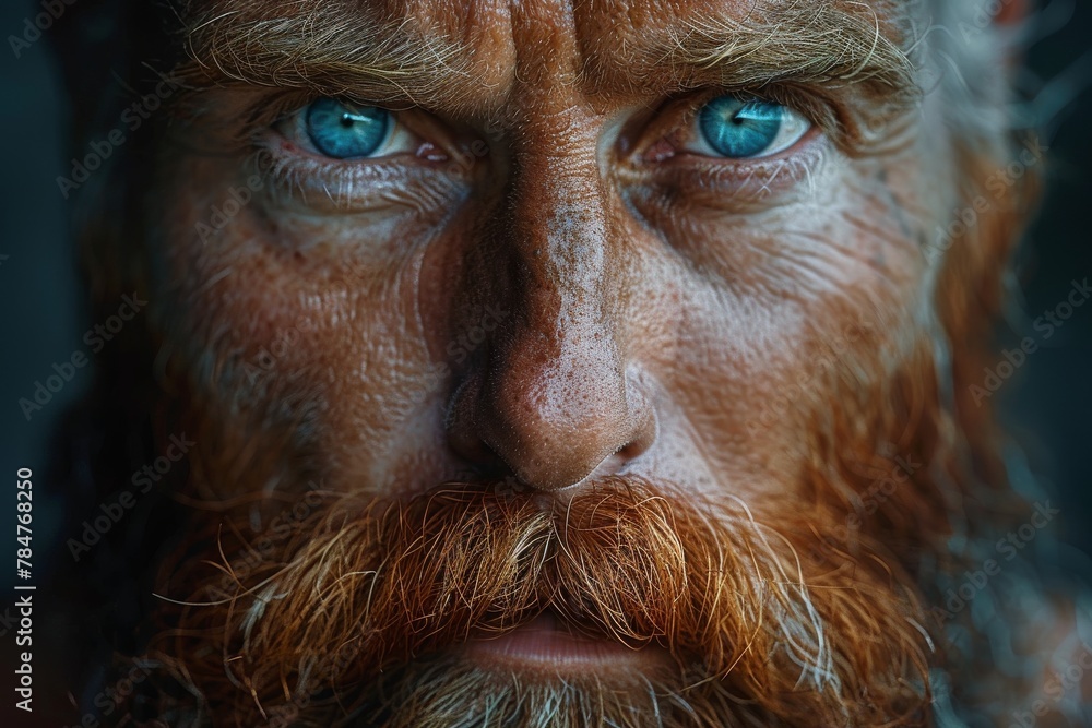 Intense close-up of a man with deep blue eyes and a red beard, showing the detail of his weathered features Intense close-up of a man with deep blue eyes and a red beard, showing the detail of his weathered features