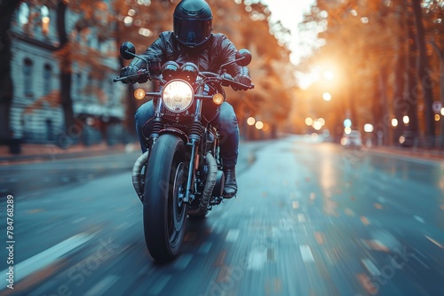 A motorcyclist in black gear riding a motorcycle, speeding with motion blur down a tree-lined urban road