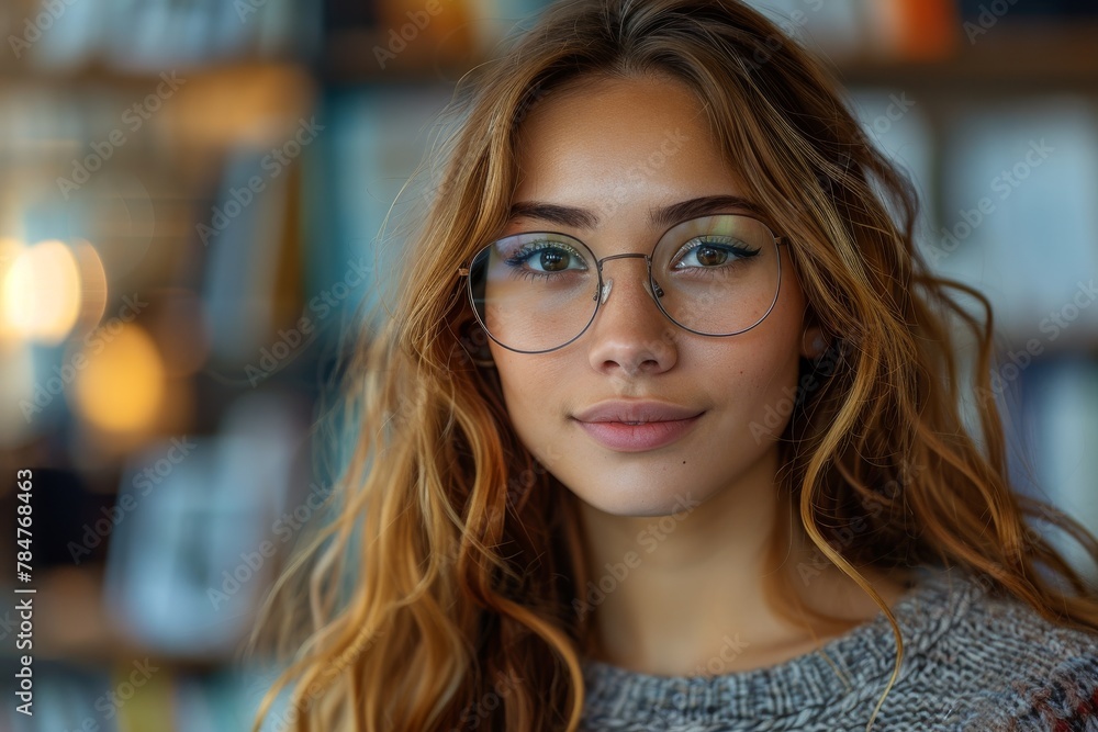 Close-up portrait of a young woman with glasses on and stylish haircut in a comforting and inviting setting Close-up portrait of a young woman with glasses on and stylish haircut in a comforting and inviting setting