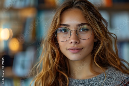 Close-up portrait of a young woman with glasses on and stylish haircut in a comforting and inviting setting