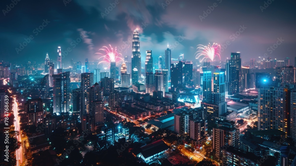 Obraz premium spectacular fireworks that light up the evening sky on holidays, such as Labor Day, Independence Day