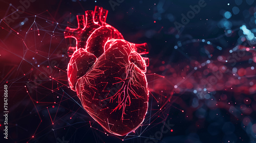 Abstract red human heart, Medical concept, 3D Wireframe connection structure photo
