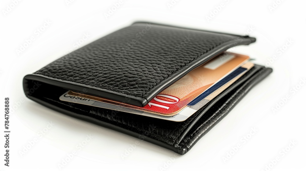 Visualize a top-down view of a new black genuine leather wallet, its sleek design accentuated by the presence of banknotes and a credit card neatly tucked inside. Visualize a top-down view of a new black genuine leather wallet, its sleek design accentuated by the presence of banknotes and a credit card neatly tucked inside.