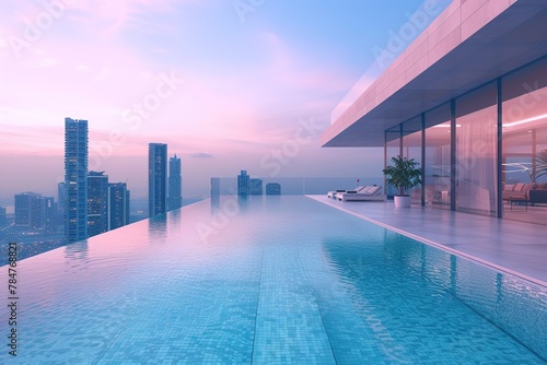 Contemporary urban rooftop pool with infinity edge and city skyline view photo