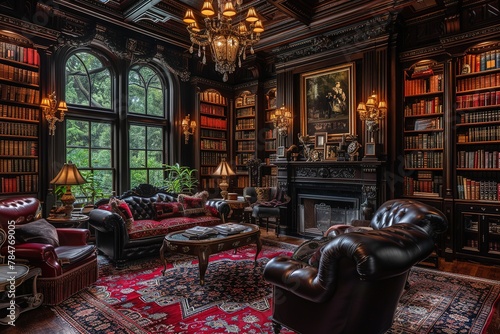 Victorian Gothic-inspired home library with dark wood paneling and plush furnishings. photo