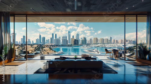 Dubai Marina with Modern Skyscrapers and Yachts, Urban Bay Area, Luxury Travel and Architecture photo
