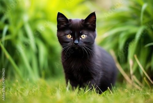 Cute black cat sitting in the grass in the garden with green background