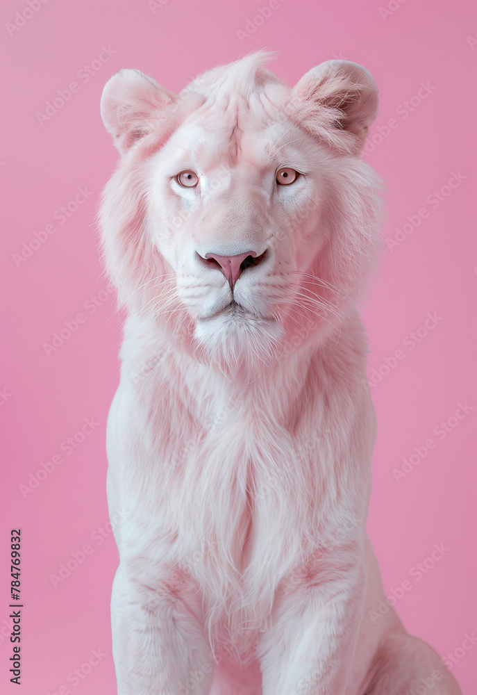 Pink lion on a pink unique background.Minimal creative nature concept