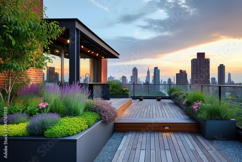 Contemporary urban rooftop garden with raised planters and city views