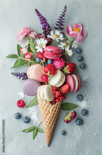 Layout of a cone filled with colorful flowers and macarons, resembling an ice cream cone. Minimal creative food concept. Flat lay