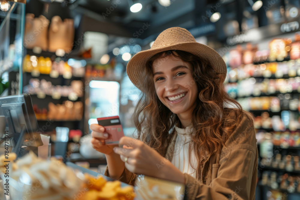 Happy female customer paying with a credit card in a store. Generative AI Happy female customer paying with a credit card in a store. Generative AI