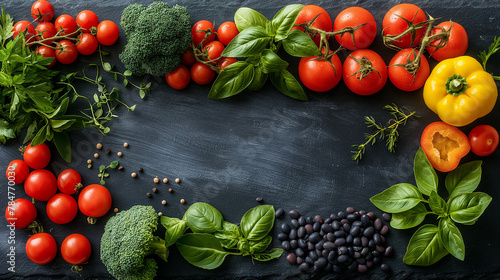 Organic food on a black stone background. Vegetables and fruits. Top view. Free copy space.