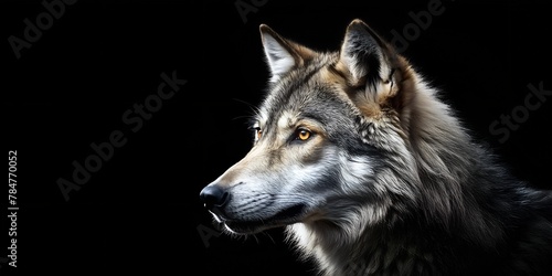 The muzzle of a wolf on a black background at night minimalism AI generated