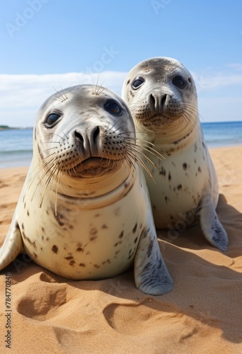 Two seals sitting on the sand and looking at the camera. Australia