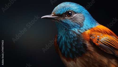 Colorful bird on a dark background. Close-up portrait.