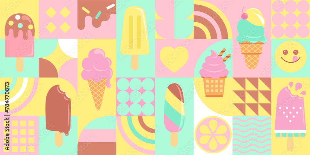 Obraz premium Ice creams in geometric flat style. Sweet summer delicacy,sundaes,gelatos with different tasties,ice-cream cones,popsicle with different topping.Vector illustration template for web,design,print.