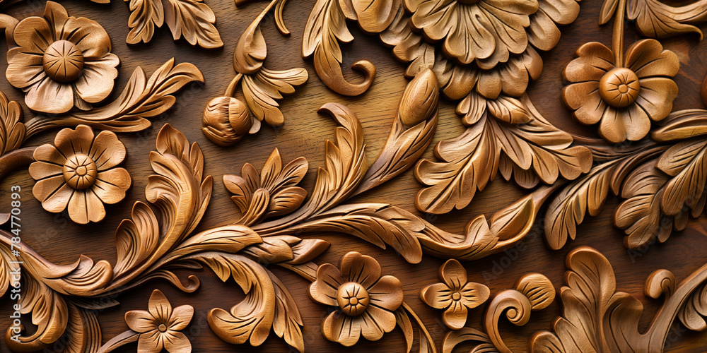 Closeup of a wood Carving Style sculpture depicting flowers and leaves on a wall. Generative AI