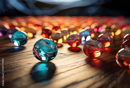Colorful glass marbles on a wooden table. 3d rendering