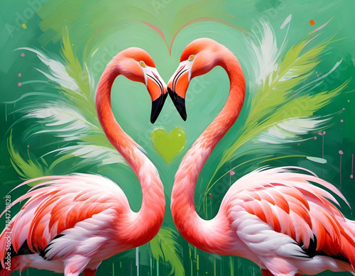 Two pink flamingos form a heart with their necks