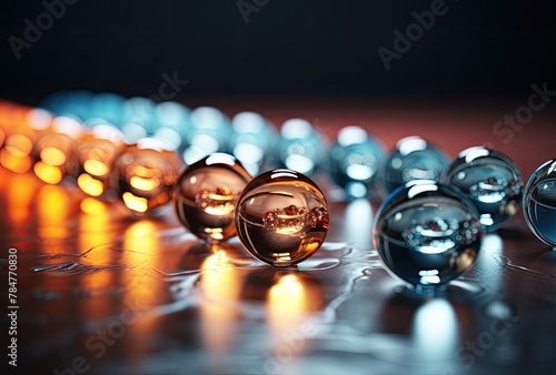 3d rendering of a group of glass balls on a reflective surface