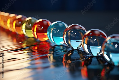 Colorful glass marbles reflected in water. 3D rendering.