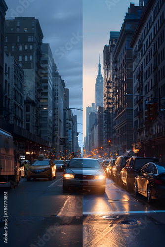 Compare and Contrast: Normal Eye Vision versus Night Blindness Symptoms in a Street Scene at Dusk © Lou