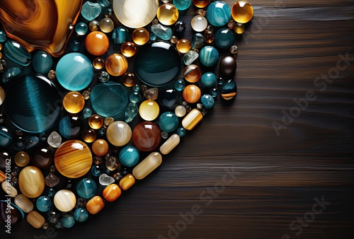 Colorful beads on wooden background. Top view with copy space.