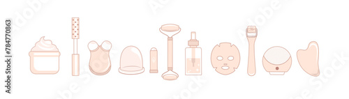 Beauty gadgets,skincare isolated devices for face,face lifting,facial roller massagers,anti-aging theraphy. Facial cleaning devices for beauty routine.Vector cosmetology infographic.Skin care at home