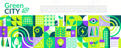 Green city horizontal banner in geometric flat style. Ecology,sustainable poster,flyer with symbols of solar panels, wind turbines-eco, green energy concept.Smart future lifestyle.Vector illustration